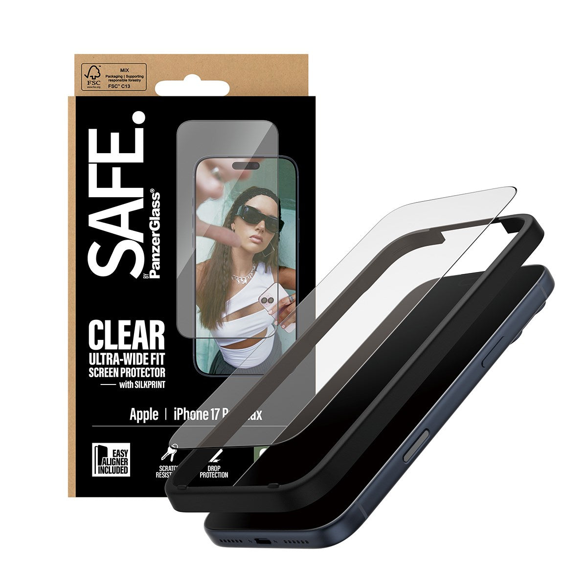 SAFE. by PanzerGlass® Skærmbeskyttelse m. Sort Ramme iPhone 17 Pro Max | Ultra-Wide Fit m. EasyAligner